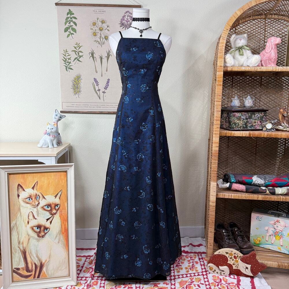 90s Y2k Glitter Floral Formal Dress Dark Fairy Whimsigoth Romantic Coquette XS